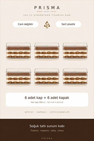 Prisma 6'lı 300 cc Kapaklı Tiramisu ve Porsiyonluk Tatlı Kabı - Şeffaf Dikdör...