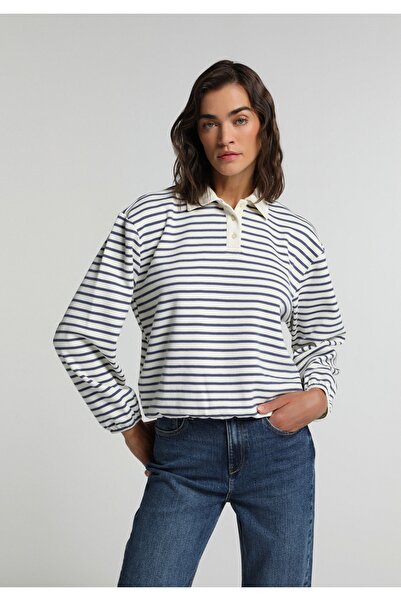 Colin's Regular Fit Polo Collar Striped Women's Blue Sweatshirt