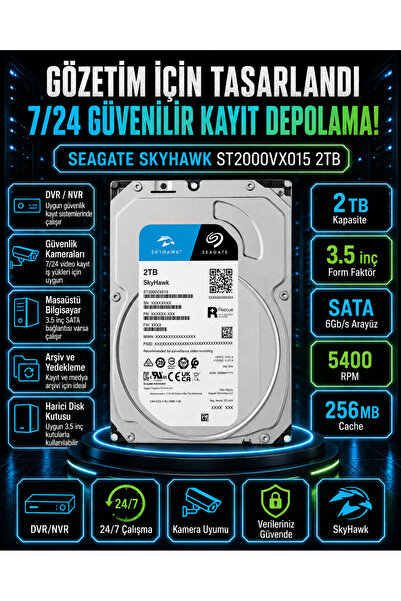DİSK BANK 2 TB SKYHAWK 3.5 İnç ST2000VX015 Kamera, DVR ve NVR Kayıt Sistemi D...