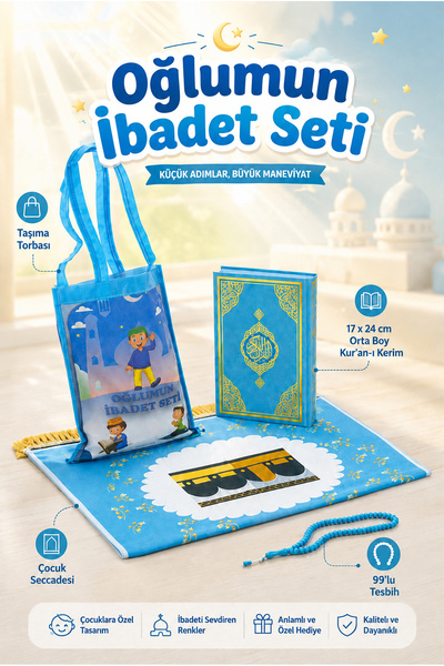 ihvan online Çantalı Erkek Çocuk İbadet Seti Mavi Kabe Motifli İsimli Seccade...