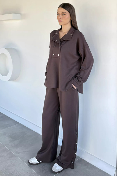 Aryena Brown Women's Snap Detailed Sweat Waist Elastic Pants Double Set
