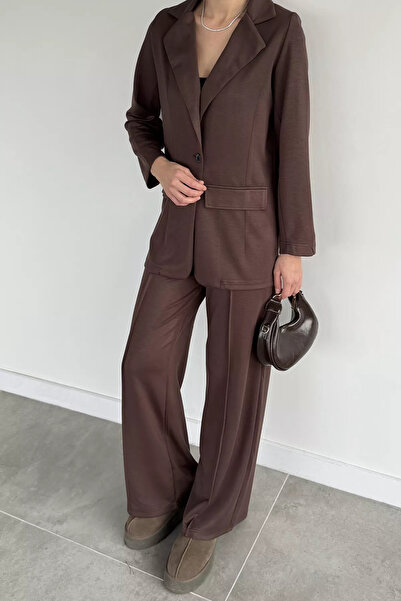Aryena Brown Women's Single Button Jacket and Elastic Waist Trousers Two-Piec...