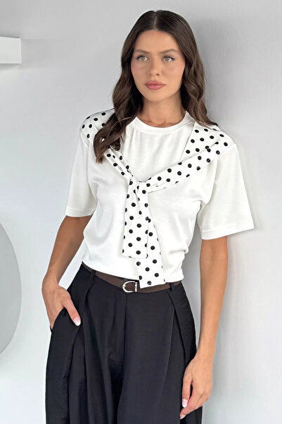 Aryena Cream Women's Polka Dot Scarf Detailed T-Shirt