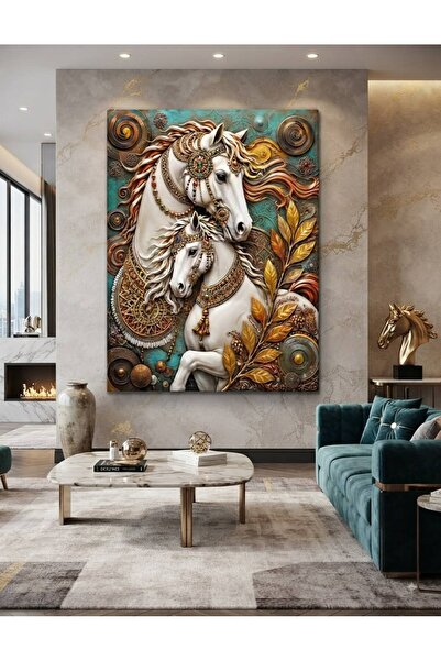 zeyrada Premium Özel Tasarım Modern Dekorasyon Kanvas Tablo İki Beyaz At ve A...