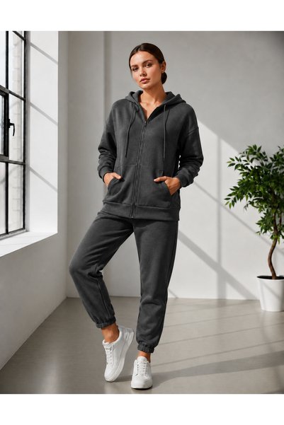 YAKAMEL KADIN 3 İPLİŞ KAPÜŞONLU FERMUARLI SWEATSHIRT HIRKA YÜKSEK BEL JOGGER ...