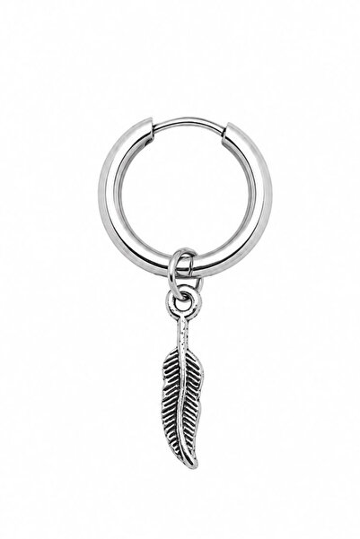 Blisse Piercing Unisex Silver Color Steel Dangle Feather Figured Hoop Earring...
