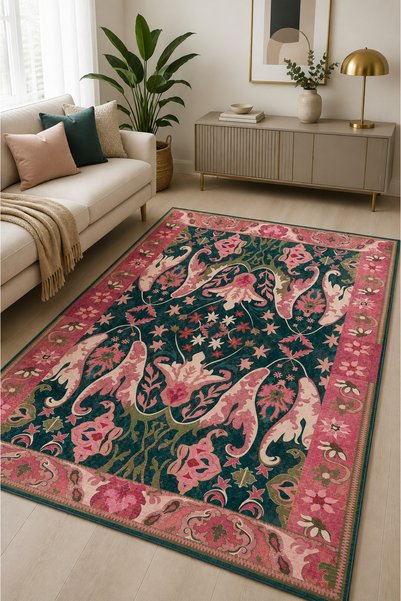 Has 1950 Dijital Baskı Vintage Desenli Dekoratif Halı – Pembe Çiçekli Klasik ...