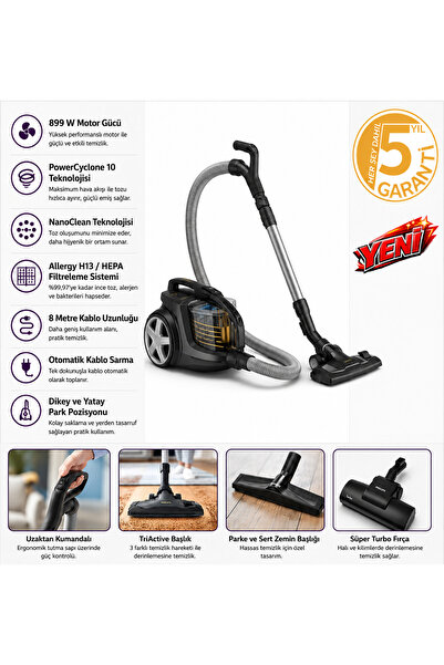 Philips Hepa 13 Alerjik Filtreli, Triactive Ultra Başlık, Powercyclone 10 Tek...