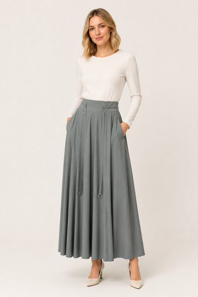 SELAM Segmented Flared Khaki Skirt 4880