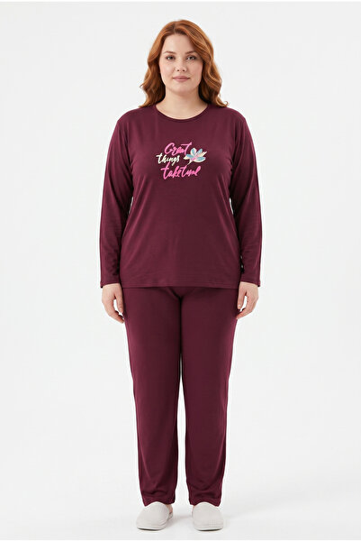 FAMES PİJAMA Plus size seasonal great things pattern burgundy pajama set