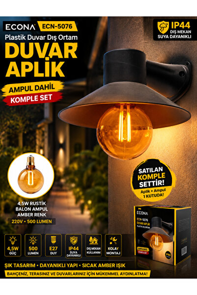 ECONA Plastik Dış Mekan Duvar Aplik Ampul Dahil Komple Set 4,5W Rustik Balon ...