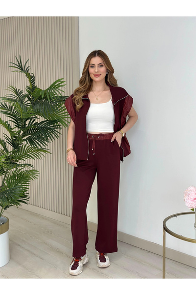 MetuCA Women's Burgundy Poplin Detailed Zippered Vest Modal Double Sports Set