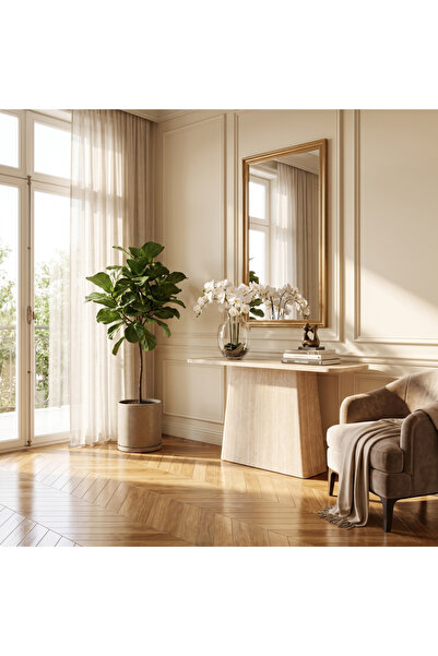 Ebticar Modern Console Table with Faux Marble Top and Metal Design – Beige