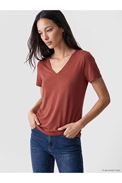 LC Waikiki NEVAVM Γυναικείο T-shirt με λαιμόκοψη V και μείγμα υφασμάτων Modal