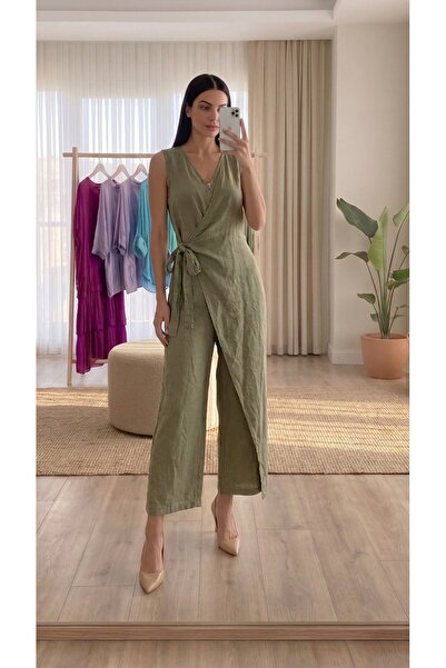 Juste Boutique Haki V Yaka Fermuar Detayli Kolsuz Keten Tulum