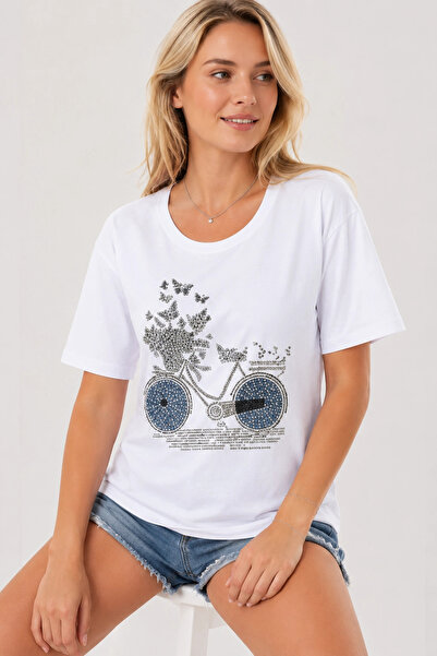MetuCA Tricou oversize din bumbac, alb, cu broderie cu figură de bicicletă, p...