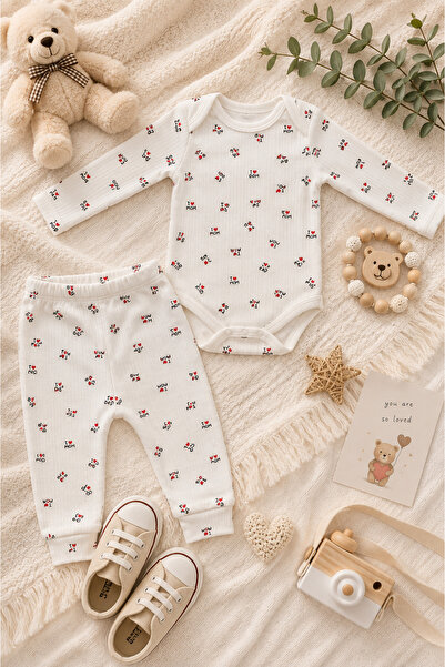 zepkids Unisex Baby Set I Love Mom Patterned Long Sleeve Snap Fastener Bodysu...
