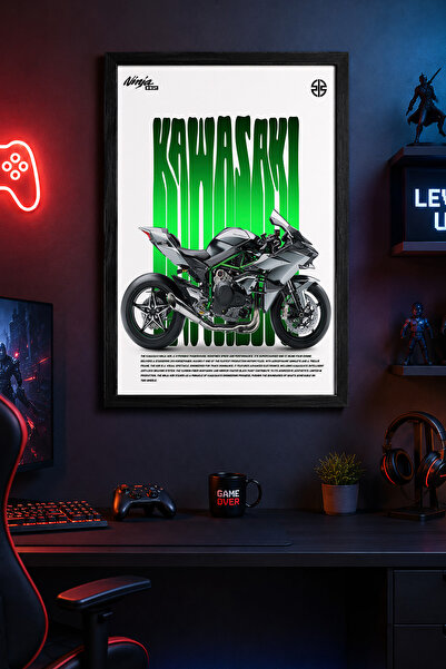Charmbi Poster Kawasaki Ninja cu ramă din lemn negru, imprimare digitală prem...