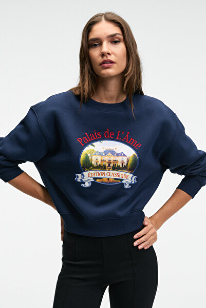 ETHIQUET Talmera Women's Front Printed Round Neck Navy Blue Sweatshirt
