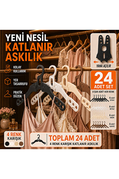 PRİNTELLA New Generation Folding Clothes Hanger 24 Pieces Space-Saving Side-O...