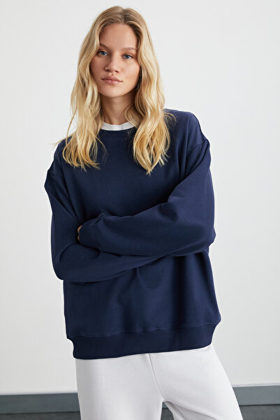 ETHIQUET KARIUS Kadın Organik Pamuklu İçi Polarlı Oversize Yuvarlak Yakalı Lacivert Sweatshirt