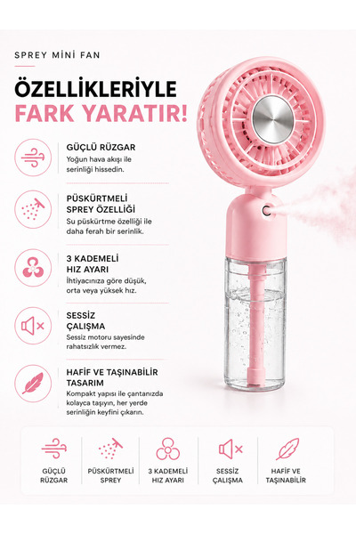 GudeX Spreyli Mini Vantilatör Taşınabilir El Fanı 3 Kademeli Sessiz Soğutucu
