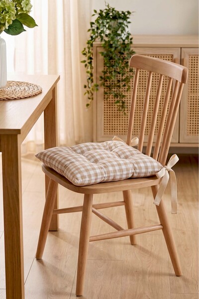 Rivaİstanbul Beige Plaid Fiber Filled Chair Cushion 40X40 cm