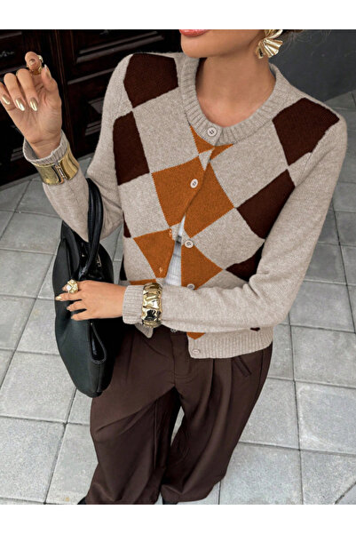 Dier Moda Women's Patterned Crew Neck Buttoned Knitwear Cardigan
