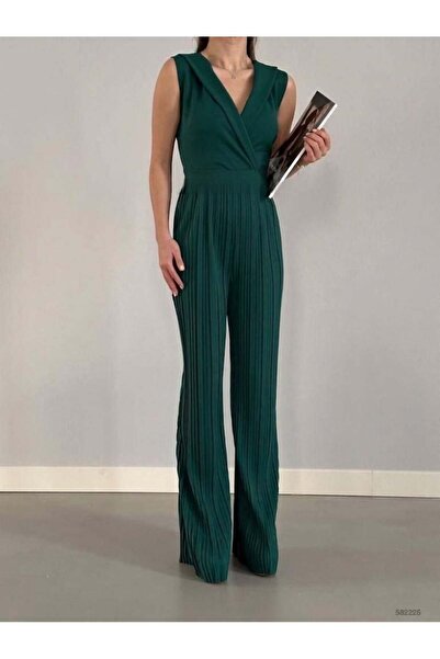 Modafeminen Emerald Double Breasted Collar Pleated Sleeveless Jumpsuit 582225
