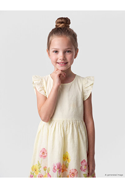LC Waikiki Lcw Kids Yellow Crew Neck Floral Printed Girls' Dress