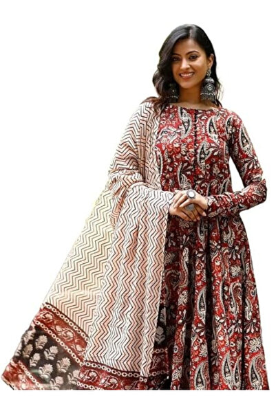 MYSMAR Maroon & Black Paisley Print Rayon Anarkali Kurta Set with Dupatta - A...