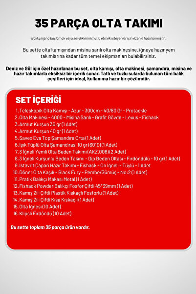 Fishack 35 Parça Tam Takım Olta Seti - 300cm Kamış 40-80GR / 40'lık Makine (Red)