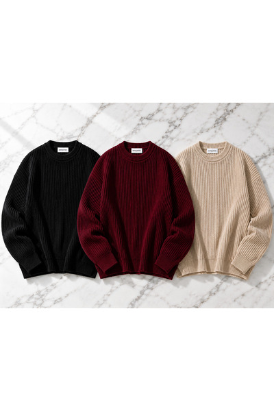 DepoExport Women's 3-Piece Crew Neck Oversize Knitwear Sweater Soft Knitted S...