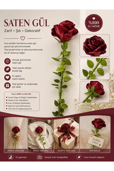 MİRAY FLOWERS HEDİYELİK 1 Adet Tekli Bordo Saten Gül Hediyelik , Kadınlar Gün...