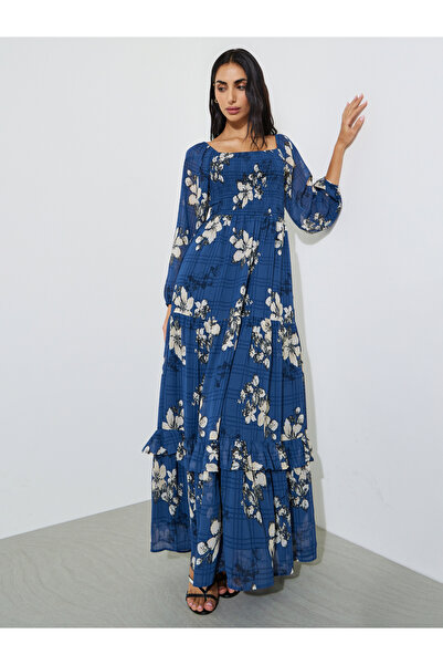 Styli Blue Floral Print Ruched Long Sleeves Tiered Maxi Dress