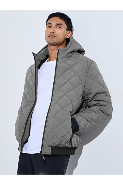 Styli Grey Diagonal Quilted Hooded Puffer Jacket