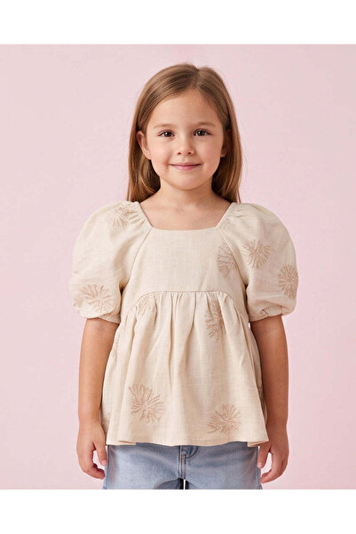 REDTAG Girls Beige Embroidered Placement Print Blouse