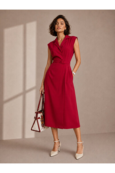 Styli Red Solid Belted Sleeveless Sheath Midi Dress