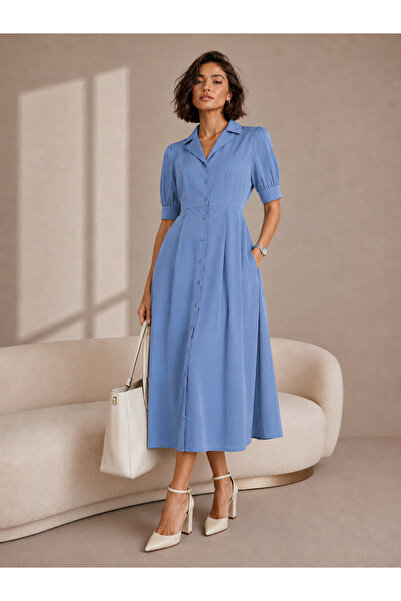 Styli Blue Lapel Collar Short Puff Sleeves Shirt Maxi Dress