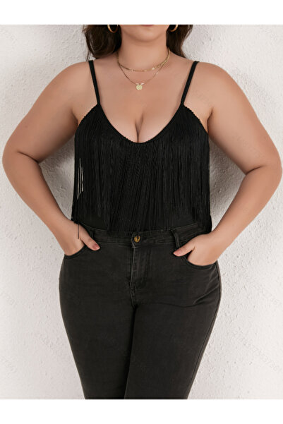 Take Two By Styli Plus Size Black Strappy Fringe Bodysuit