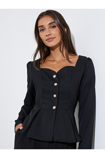 Styli Black Solid Pleated Detail Sweetheart Neck Peplum Top