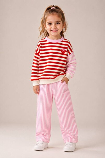 Minigimin Cicileri Strawberry Embroidered Striped Girls' 2-Piece Set - Red