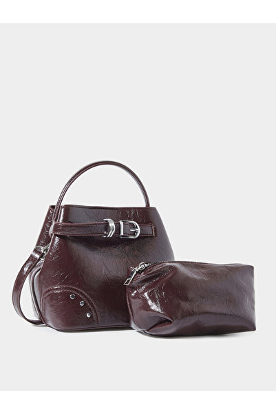 Styli Coffee Brown Patent Crossbody Bag with Pouch
