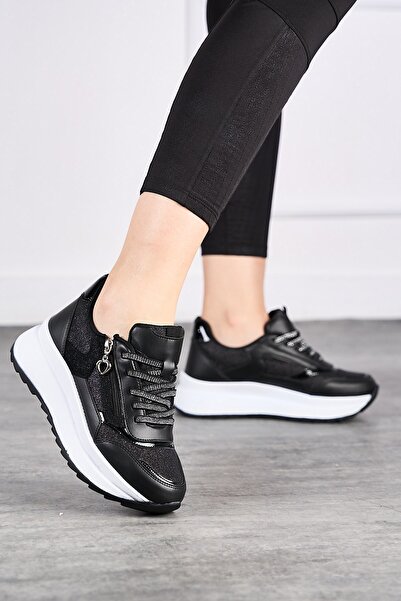 İmerShoes Günlük Kadın Spor Ayakkabı Sim Detaylı Bağcıklı Fermuarlı Hafif Kalın Taban Sneaker 0846