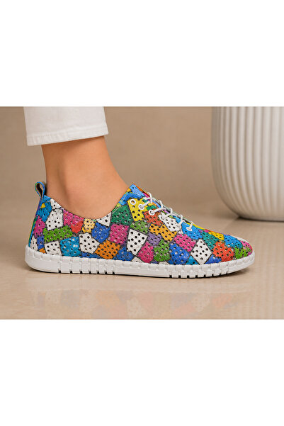 MELİS'E Women's Colorful Patterned Genuine Leather Color Pop Casual Casual Sh...