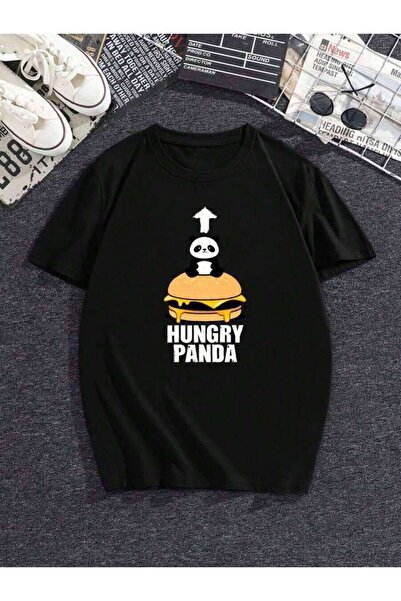 23ERVA Casual Hungry Panda Burger T-Shirt - Fun Animal Cartoon Print Short Sl...