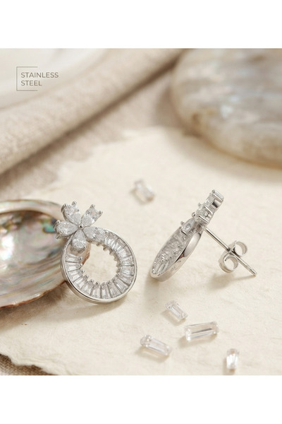 stainless steell Brass Silver Color Zircon Stone Ring Model Flower Figure Ear...