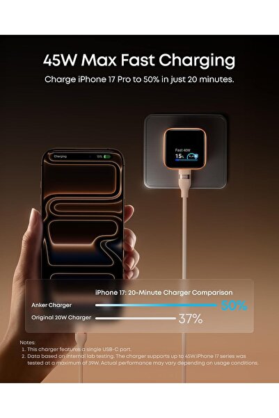Generic Anker Nano Smart Display Charger, 45W Fast Charging USB C Charger with Smart Recognition, Built-in Maintenance Mode, Compact with 180° Foldable Plug for iPhone 17/16