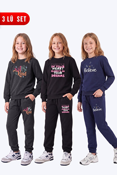FYK KİDS Girl's 3-Piece Printed Crew Neck Double Pocket Tracksuit Set