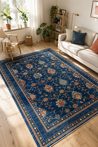 Toronto Home Dijital Kaymaz Yıkanabilir Lacivert Vintage Salon Halısı Mutfak ...